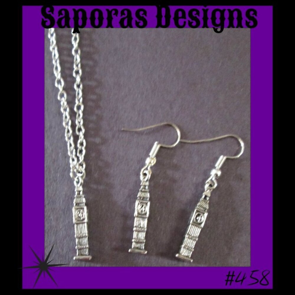Silver Tone NYC Empire State Building Theme Dangle Earrings & Necklace Set
